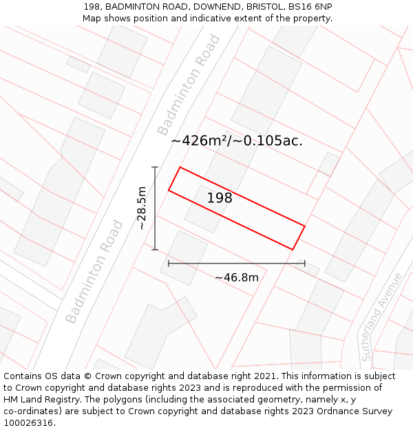 198, BADMINTON ROAD, DOWNEND, BRISTOL, BS16 6NP: Plot and title map