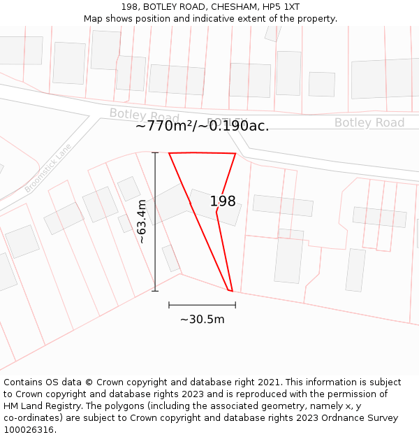 198, BOTLEY ROAD, CHESHAM, HP5 1XT: Plot and title map