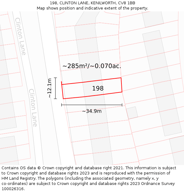 198, CLINTON LANE, KENILWORTH, CV8 1BB: Plot and title map