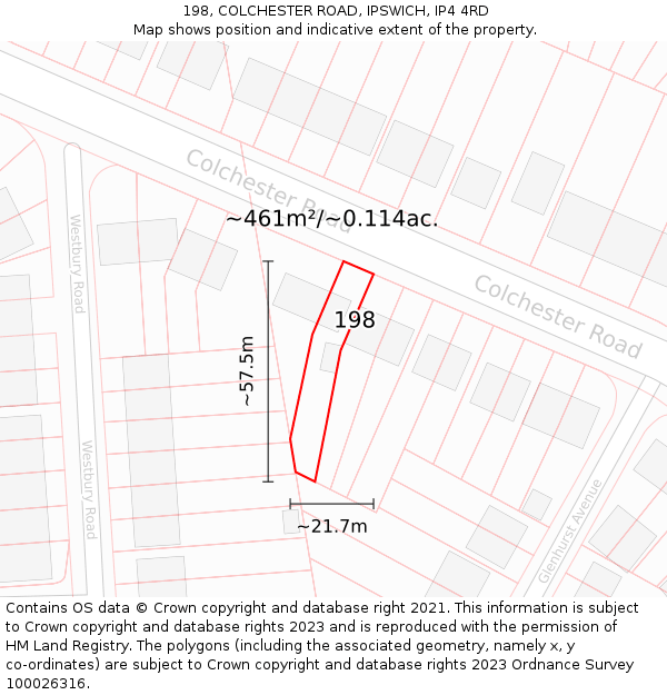 198, COLCHESTER ROAD, IPSWICH, IP4 4RD: Plot and title map