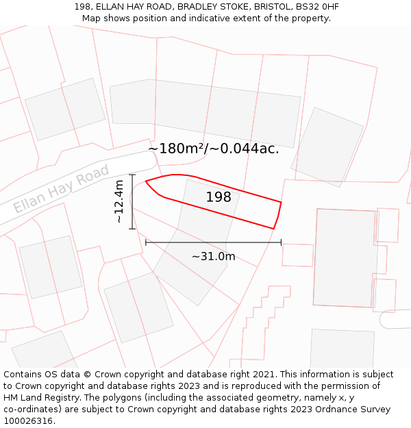 198, ELLAN HAY ROAD, BRADLEY STOKE, BRISTOL, BS32 0HF: Plot and title map