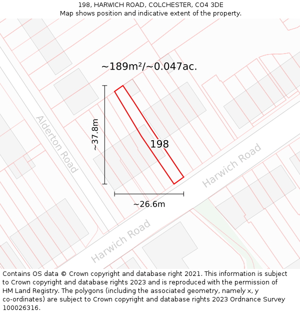 198, HARWICH ROAD, COLCHESTER, CO4 3DE: Plot and title map