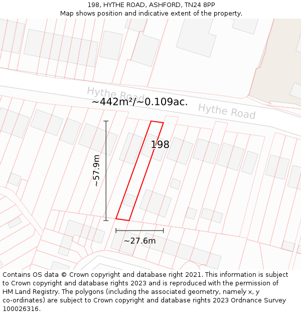 198, HYTHE ROAD, ASHFORD, TN24 8PP: Plot and title map