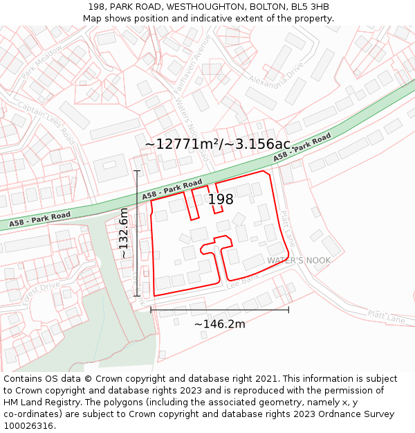 198, PARK ROAD, WESTHOUGHTON, BOLTON, BL5 3HB: Plot and title map