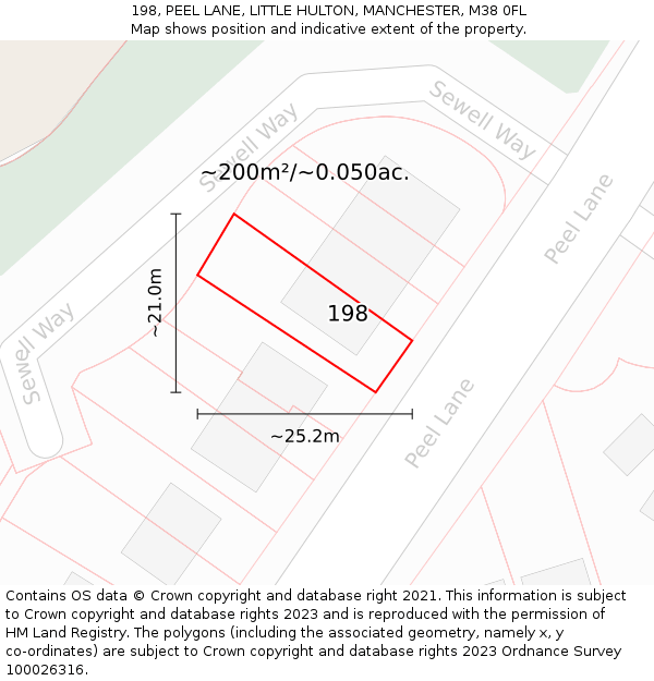 198, PEEL LANE, LITTLE HULTON, MANCHESTER, M38 0FL: Plot and title map