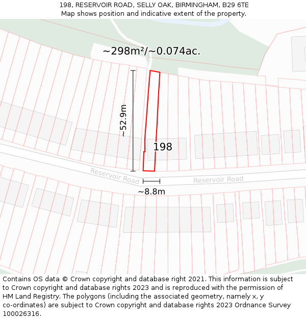 198, RESERVOIR ROAD, SELLY OAK, BIRMINGHAM, B29 6TE: Plot and title map