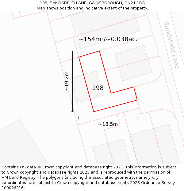 198, SANDSFIELD LANE, GAINSBOROUGH, DN21 1DD: Plot and title map