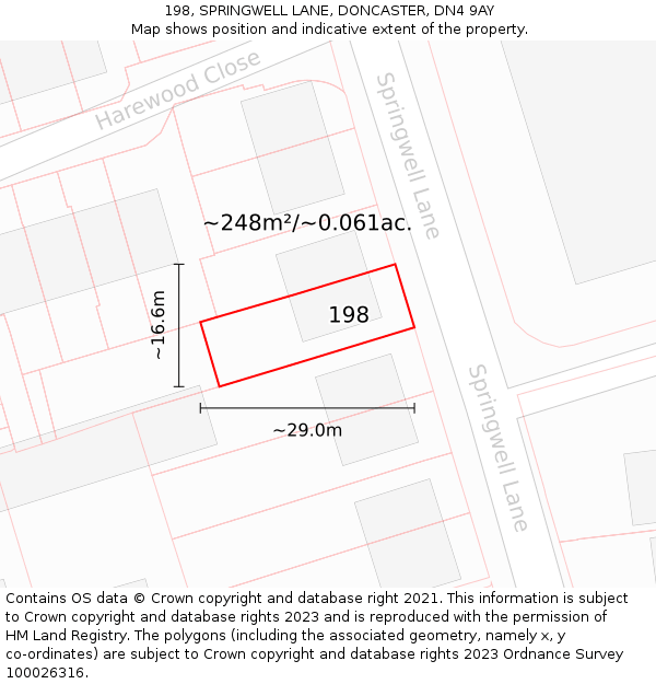 198, SPRINGWELL LANE, DONCASTER, DN4 9AY: Plot and title map