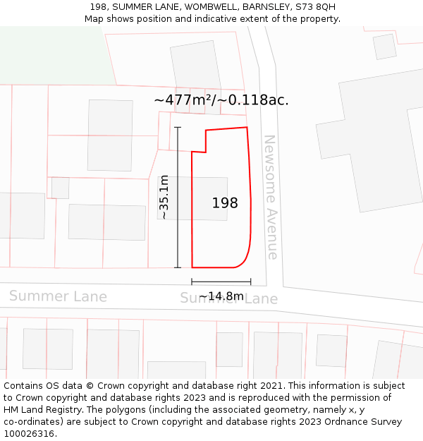 198, SUMMER LANE, WOMBWELL, BARNSLEY, S73 8QH: Plot and title map