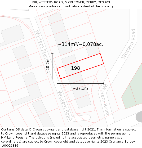 198, WESTERN ROAD, MICKLEOVER, DERBY, DE3 9GU: Plot and title map