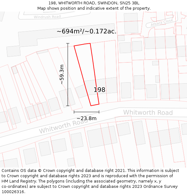 198, WHITWORTH ROAD, SWINDON, SN25 3BL: Plot and title map