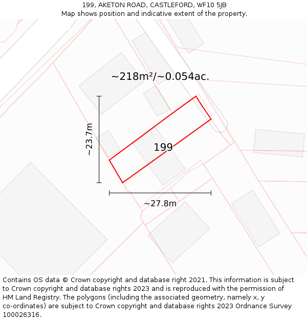 199, AKETON ROAD, CASTLEFORD, WF10 5JB: Plot and title map