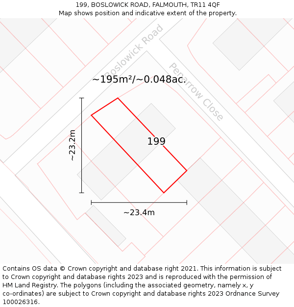 199, BOSLOWICK ROAD, FALMOUTH, TR11 4QF: Plot and title map