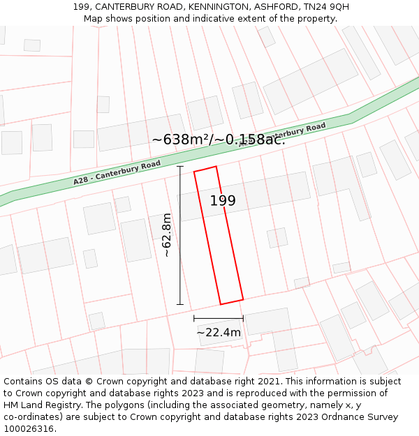 199, CANTERBURY ROAD, KENNINGTON, ASHFORD, TN24 9QH: Plot and title map