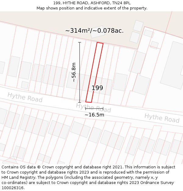 199, HYTHE ROAD, ASHFORD, TN24 8PL: Plot and title map