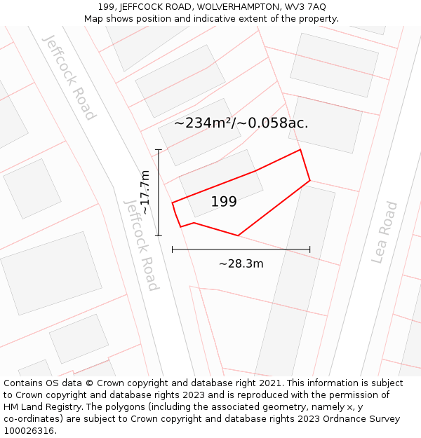 199, JEFFCOCK ROAD, WOLVERHAMPTON, WV3 7AQ: Plot and title map