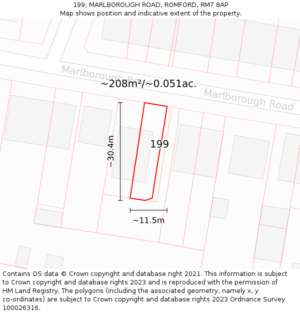 199, MARLBOROUGH ROAD, ROMFORD, RM7 8AP: Plot and title map