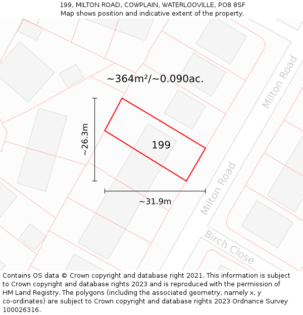 199, MILTON ROAD, COWPLAIN, WATERLOOVILLE, PO8 8SF: Plot and title map