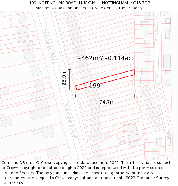 199, NOTTINGHAM ROAD, HUCKNALL, NOTTINGHAM, NG15 7QB: Plot and title map