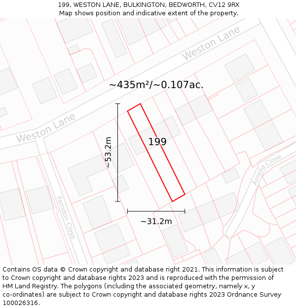 199, WESTON LANE, BULKINGTON, BEDWORTH, CV12 9RX: Plot and title map