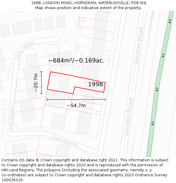 199B, LONDON ROAD, HORNDEAN, WATERLOOVILLE, PO8 0HJ: Plot and title map