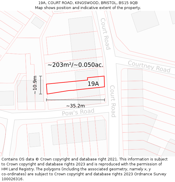 19A, COURT ROAD, KINGSWOOD, BRISTOL, BS15 9QB: Plot and title map