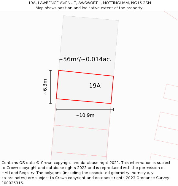 19A, LAWRENCE AVENUE, AWSWORTH, NOTTINGHAM, NG16 2SN: Plot and title map