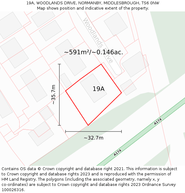 19A, WOODLANDS DRIVE, NORMANBY, MIDDLESBROUGH, TS6 0NW: Plot and title map