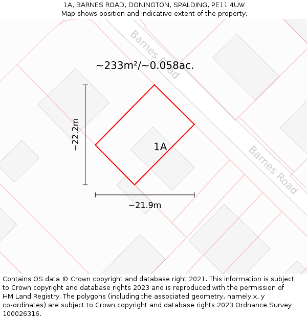 1A, BARNES ROAD, DONINGTON, SPALDING, PE11 4UW: Plot and title map