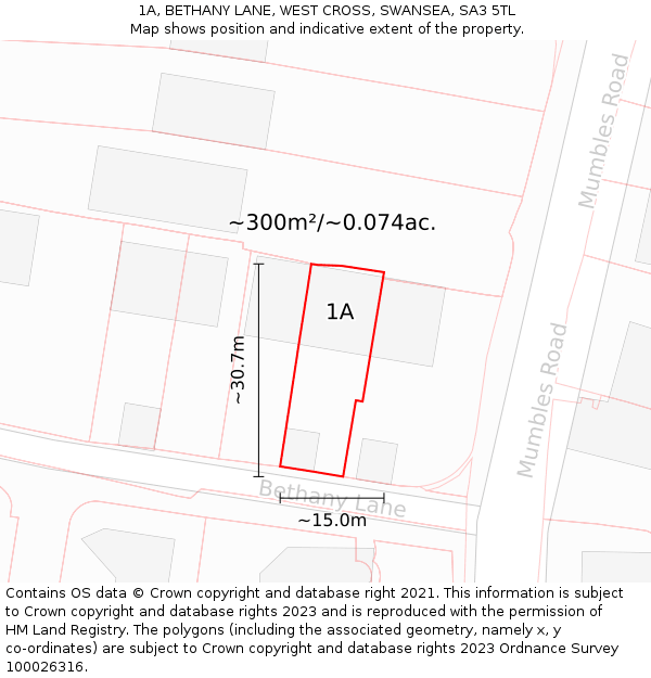 1A, BETHANY LANE, WEST CROSS, SWANSEA, SA3 5TL: Plot and title map