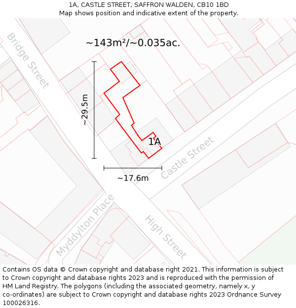 1A, CASTLE STREET, SAFFRON WALDEN, CB10 1BD: Plot and title map