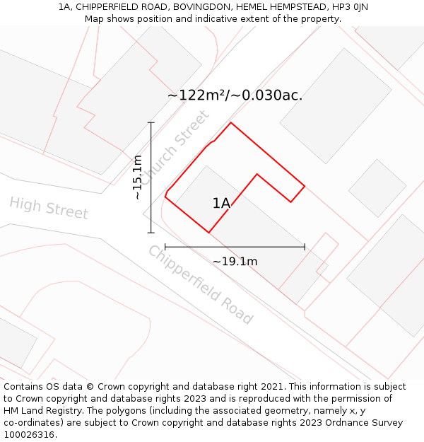 1A, CHIPPERFIELD ROAD, BOVINGDON, HEMEL HEMPSTEAD, HP3 0JN: Plot and title map