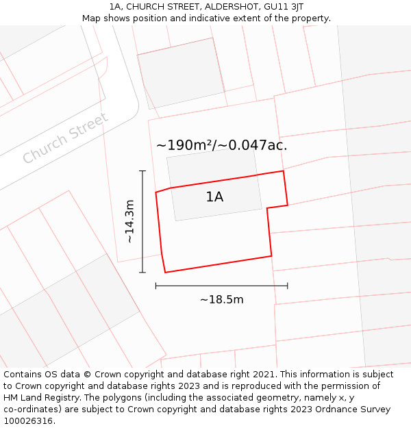 1A, CHURCH STREET, ALDERSHOT, GU11 3JT: Plot and title map