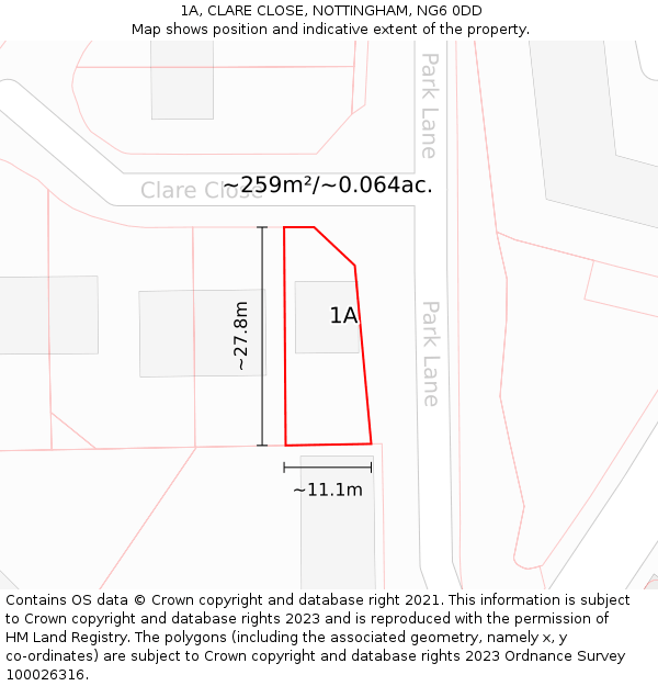 1A, CLARE CLOSE, NOTTINGHAM, NG6 0DD: Plot and title map
