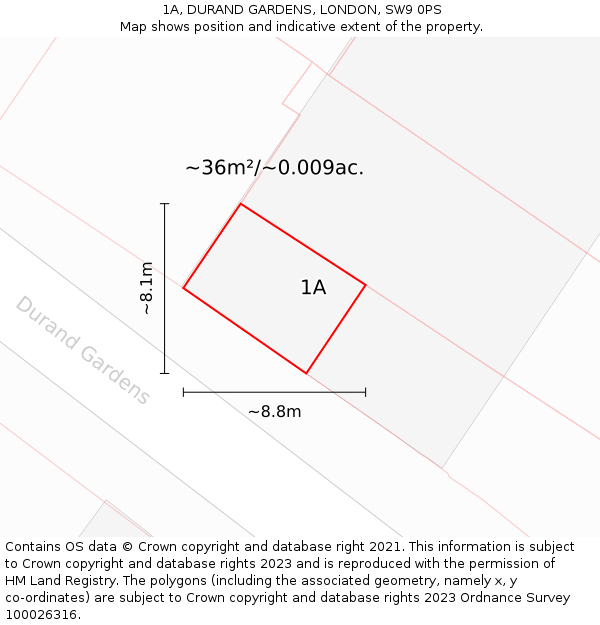 1A, DURAND GARDENS, LONDON, SW9 0PS: Plot and title map