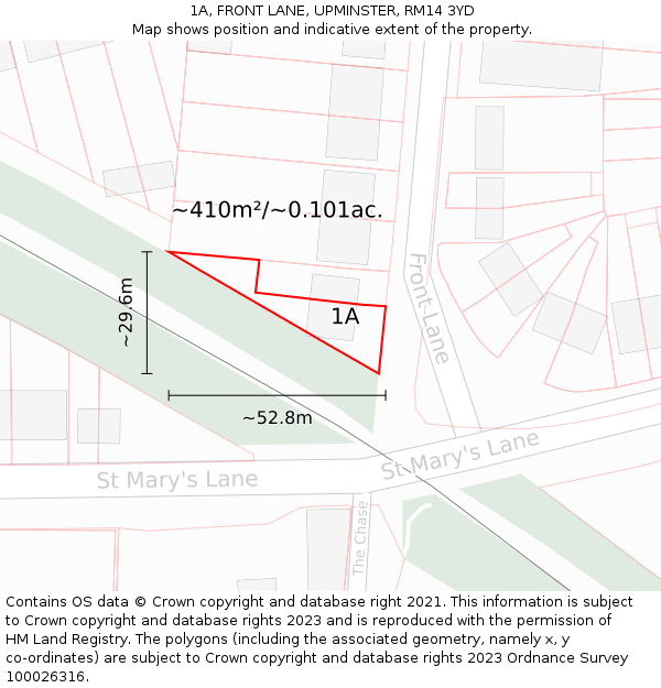 1A, FRONT LANE, UPMINSTER, RM14 3YD: Plot and title map