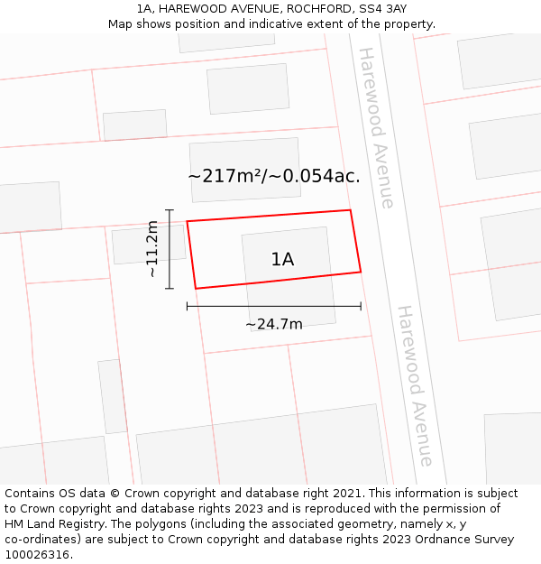 1A, HAREWOOD AVENUE, ROCHFORD, SS4 3AY: Plot and title map