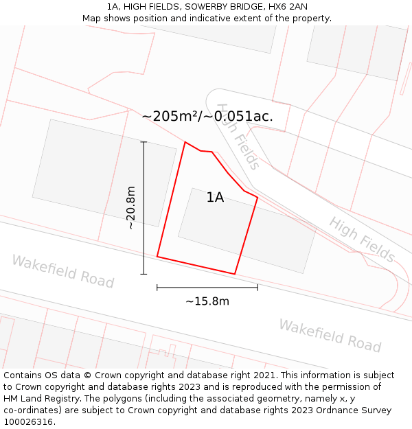 1A, HIGH FIELDS, SOWERBY BRIDGE, HX6 2AN: Plot and title map