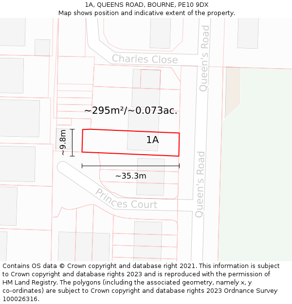 1A, QUEENS ROAD, BOURNE, PE10 9DX: Plot and title map