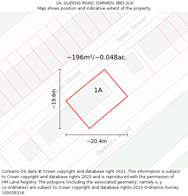 1A, QUEENS ROAD, DARWEN, BB3 2LN: Plot and title map