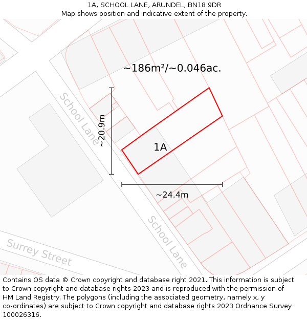 1A, SCHOOL LANE, ARUNDEL, BN18 9DR: Plot and title map