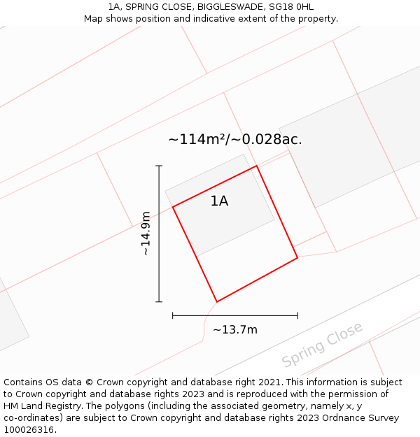 1A, SPRING CLOSE, BIGGLESWADE, SG18 0HL: Plot and title map