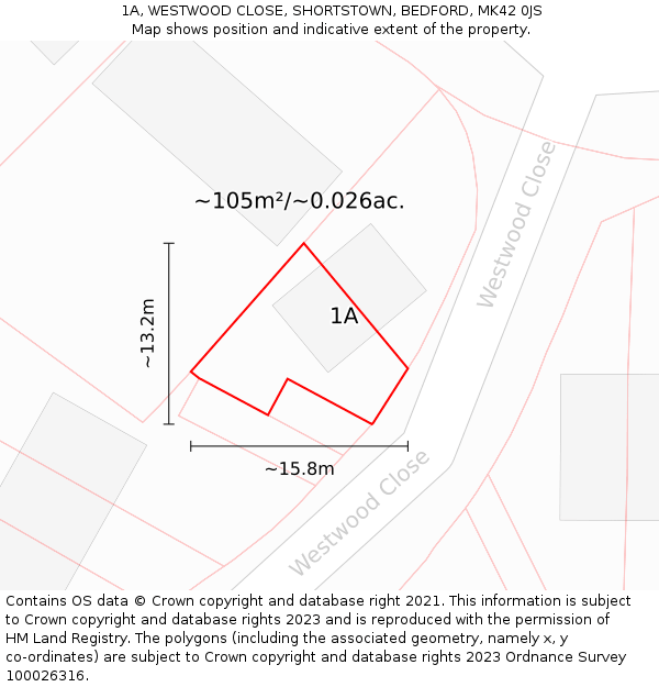 1A, WESTWOOD CLOSE, SHORTSTOWN, BEDFORD, MK42 0JS: Plot and title map