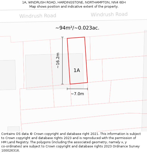 1A, WINDRUSH ROAD, HARDINGSTONE, NORTHAMPTON, NN4 6EH: Plot and title map