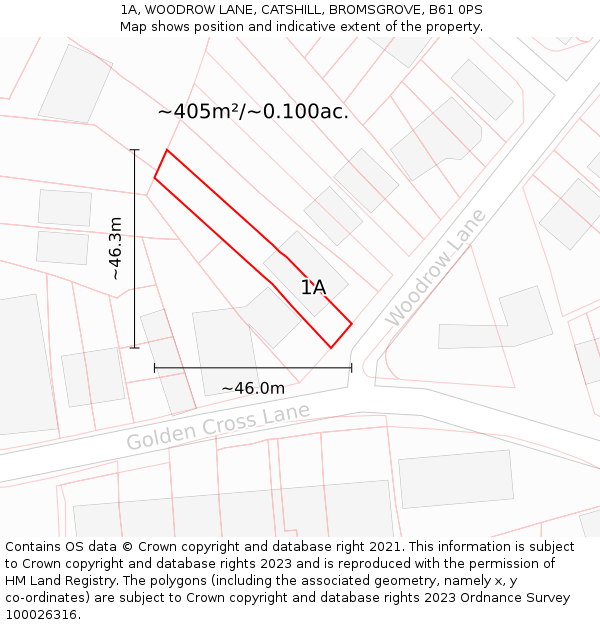 1A, WOODROW LANE, CATSHILL, BROMSGROVE, B61 0PS: Plot and title map