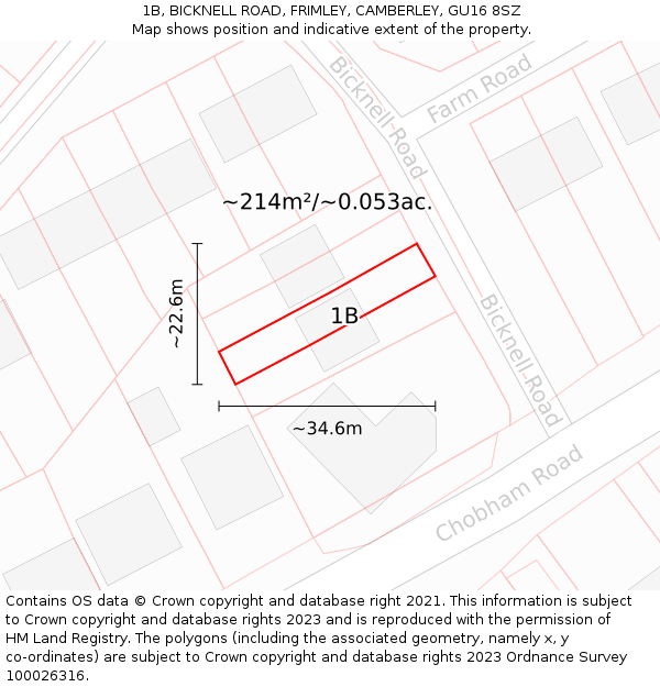 1B, BICKNELL ROAD, FRIMLEY, CAMBERLEY, GU16 8SZ: Plot and title map