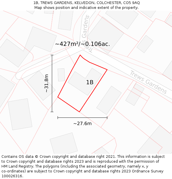 1B, TREWS GARDENS, KELVEDON, COLCHESTER, CO5 9AQ: Plot and title map