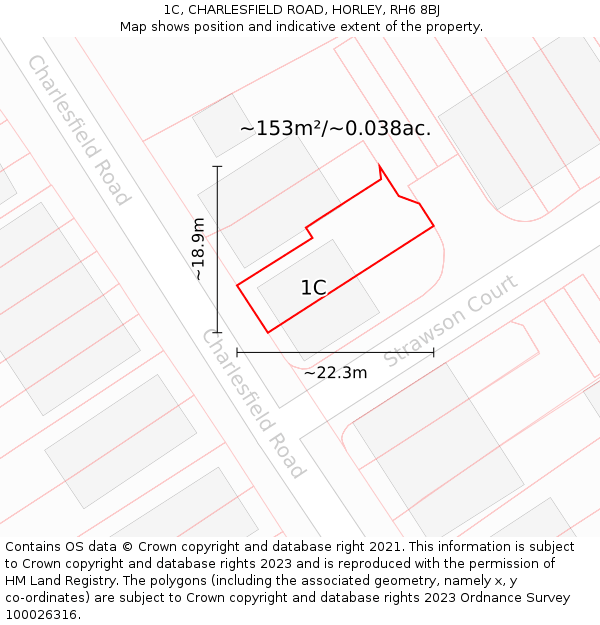 1C, CHARLESFIELD ROAD, HORLEY, RH6 8BJ: Plot and title map