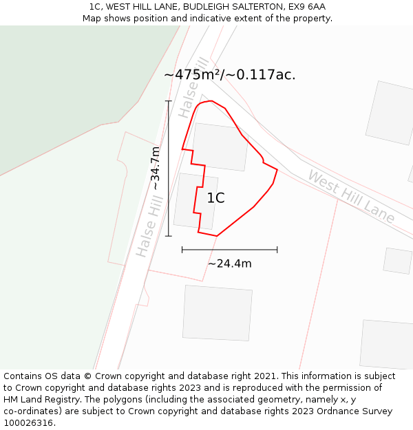 1C, WEST HILL LANE, BUDLEIGH SALTERTON, EX9 6AA: Plot and title map