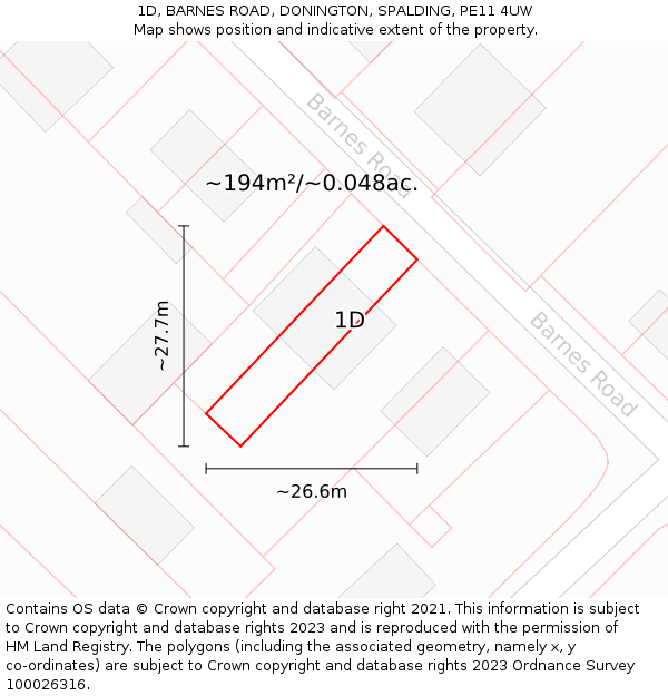 1D, BARNES ROAD, DONINGTON, SPALDING, PE11 4UW: Plot and title map